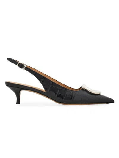 Ferragamo 40mm Sara Croc-embossed Leather Slingback Pumps In Black