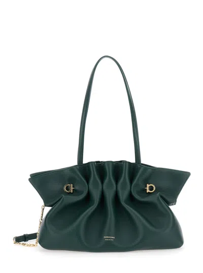 FERRAGAMO FERRAGAMO WOMEN 'DUMP' GREEN MEDIUM SHOULDER BAG WITH GANCINI ON THE FRONT AND ADJUSTABLE SHOULDER S