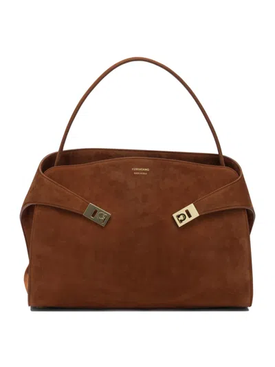 Ferragamo Shoulder Bag Gold Tone Hardware Suede Handle In Brown