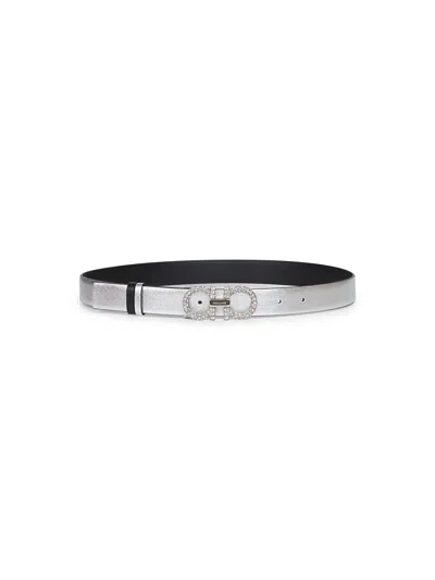 Ferragamo Women Silver Laminated Calf Leather Gancini Belt In Neutral