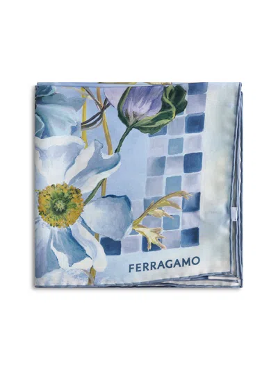 Ferragamo Women Sky Blue Fiori Print Silk Twill Scarf In Multi