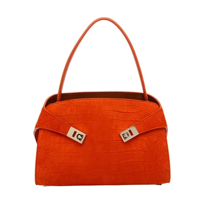 Ferragamo Hug Small Embellished Croc-effect Suede Tote In Orange