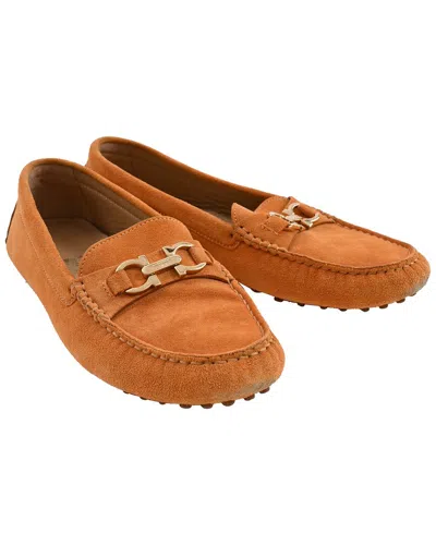 Pre-owned Ferragamo Women's Suede Gancini-plaque Loafer (authentic Pre-loved) In Orange
