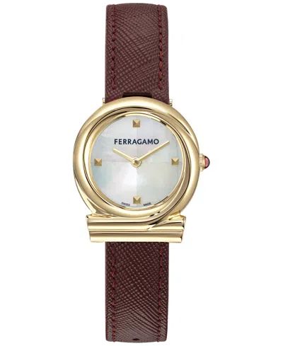 FERRAGAMO WOMEN'S SWISS GANCINI TWISTED BURGUNDY LEATHER STRAP WATCH 28MM