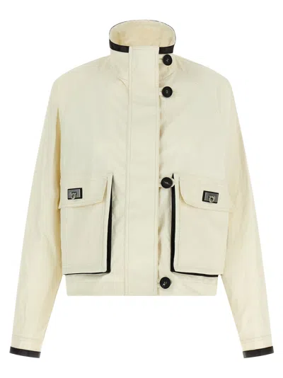 Ferragamo Technical Linen Jacket High Collar Long Sleeves In White