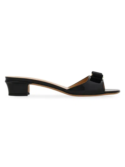 Ferragamo Vanilla Patent Leather Bow Mules In Brown