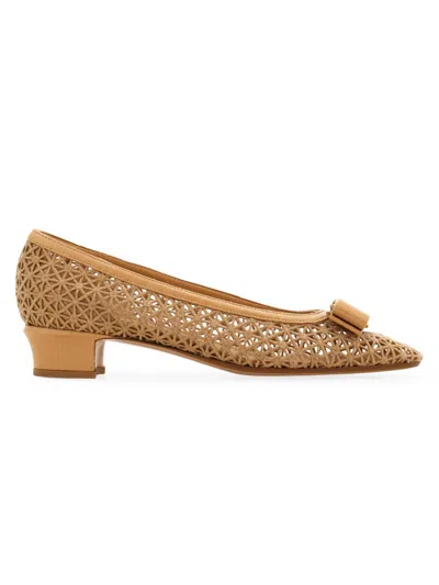 Ferragamo Women's Vara 2.0 30mm Embroidered Mesh & Leather Pumps In Brown
