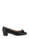 Ferragamo Women 'vara' Black Pumps With Low Block Heel And Logo Plaque On The Front In Leather Woman In Black