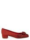 Ferragamo Suede Block Heel Pumps With Bow Detail In Red