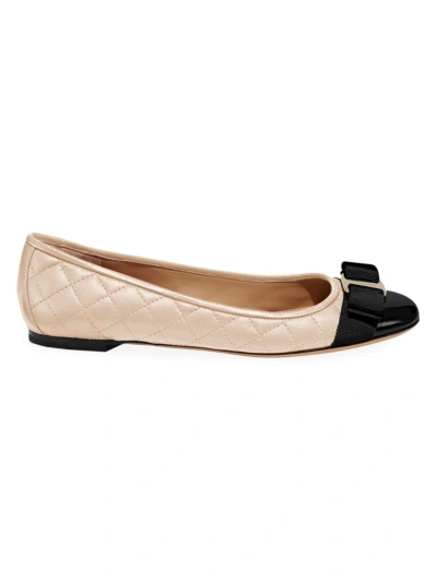 Ferragamo Blush Pink Quilted Leather Ballet Flats With Black Patent Toe