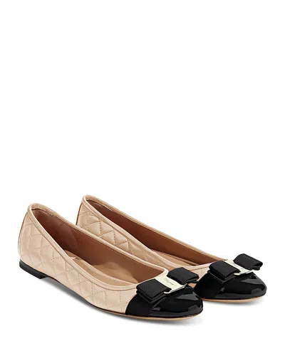 Ferragamo Varina Bow-embellished Quilted Smooth And Patent-leather Ballet Flats In Pink