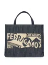 Ferragamo Blue Denim Large Tt Sign Shopping Bag In Blue