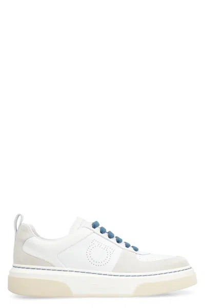 Ferragamo Women's White Leather Low-top Sneakers With Suede Inserts, Contrast Stitching, And Extra Laces