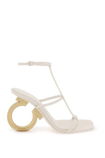 Ferragamo White Suede Sandals With Gold-tone Sculptural Heel For Women