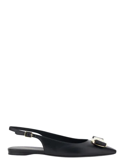 Ferragamo Zelmy Pointed Toe Flat Slingback Bow Sandals In Black
