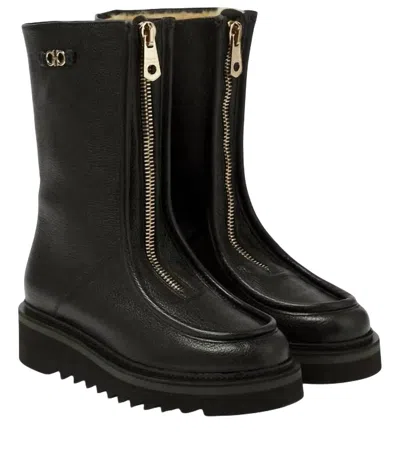 FERRAGAMO WOMEN'S ZIP-UP LEATHER BOOTS IN BLACK