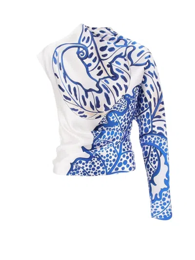 Ferragamo Womens Asymmetric Botanical Silk Top In Blue