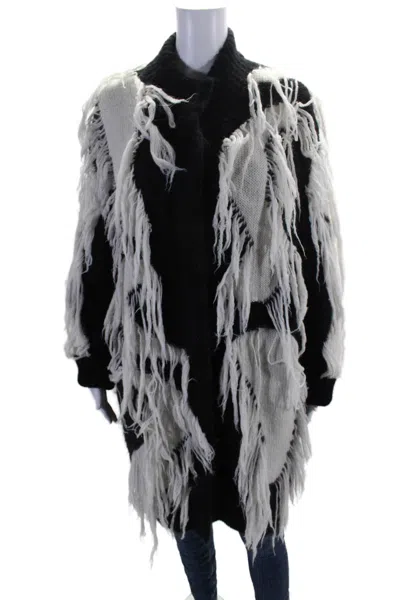 Ferragamo Womens Black White Fringe Textured Long Sleeve Jacket