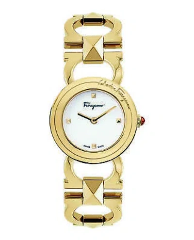 Pre-owned Ferragamo Womens Double Gancini Stud Gold 25mm Bracelet Fashion Watch