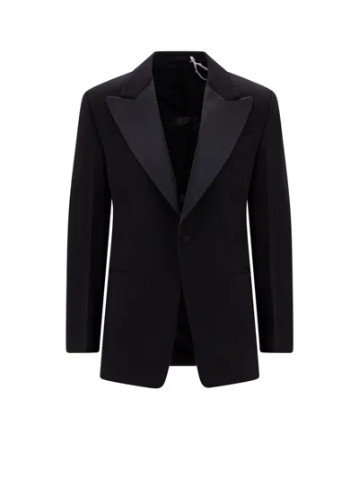Ferragamo Wool Blazer With Satin Profiles In Black