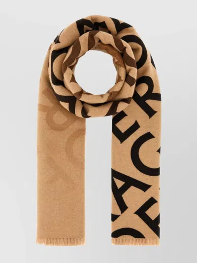 Ferragamo Wool Blend Reversible Embroidered Scarf With Fringed Edges In Brown