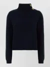 Ferragamo Wool Blend Sweater Button Shoulder Mock Neck In Blue