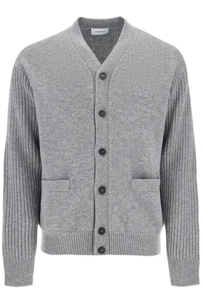 Ferragamo Gray Ribbed Sleeve Cardigan In Sparrow Mel Antracit