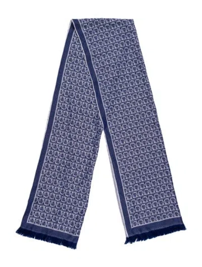 Pre-owned Ferragamo Wool Graphic Print Scarf W/ Tags In Blue