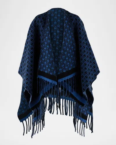 Ferragamo Wool Monogram Cape In Denim Navy