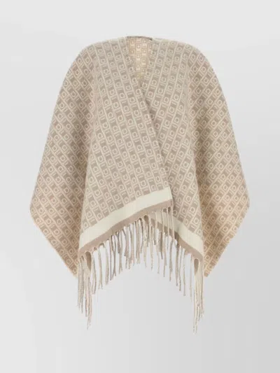 Ferragamo Wool Reversible Cape With Embroidered Geometric Pattern In Neutral