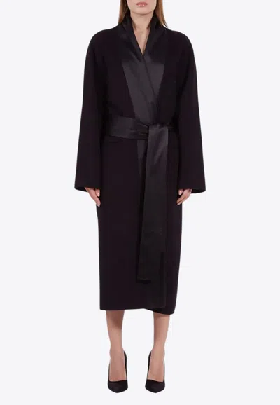 Ferragamo Wool Robe Coat With Satin Lapels In Black