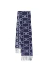 Ferragamo Wool Scarf With Fringe Detail And Geometric Pattern In Blue