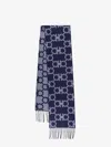 Ferragamo Wool Scarf With Fringe Detail And Geometric Pattern In Blue