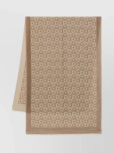 Ferragamo Wool Scarf With Frayed Edges And Geometric Pattern In Brown