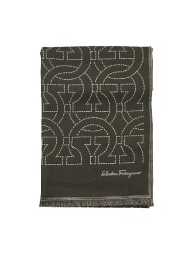Ferragamo Wool Scarf With Gancini Logo In Green