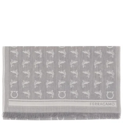 Ferragamo Wool Scarf With Subtle Motifs And Fringed Edges In Gray
