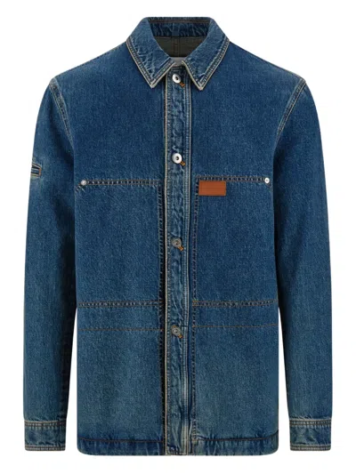 Ferragamo Pocketed Denim Jacket With Stitching And Sleeves In Blue