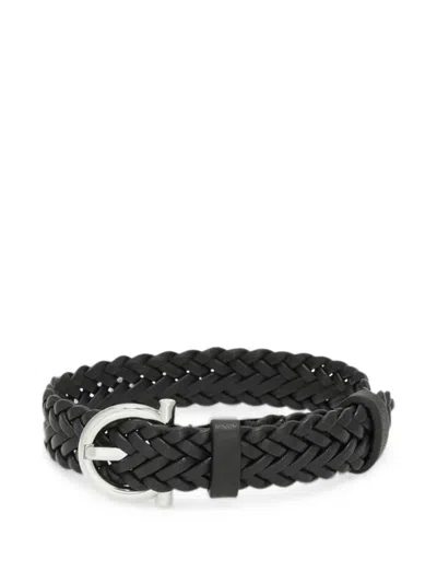 Ferragamo Woven Bracelet With Gancini Clasp In Black