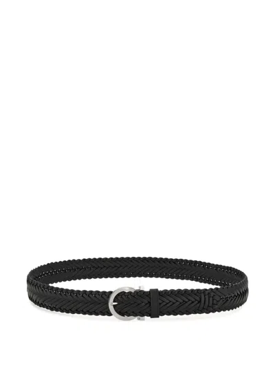 Ferragamo Woven Gancini Buckle Belt In Black