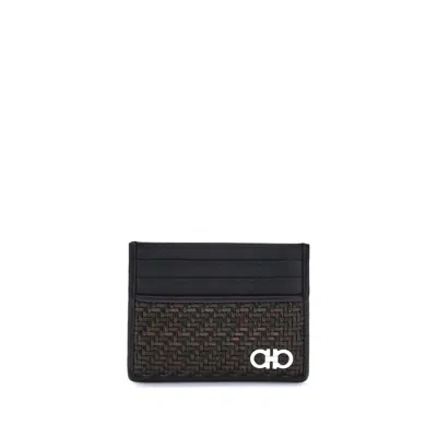 Ferragamo Woven Gancini Card Holder In Black