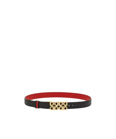 Ferragamo Reversible And Adjustable Belt With Woven Gancini In Black