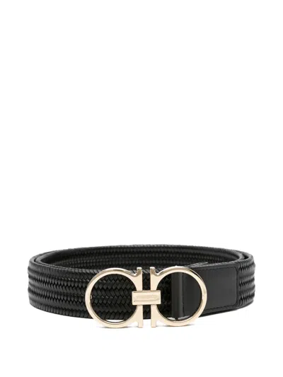Ferragamo Woven-leather Buckle Belt In Black