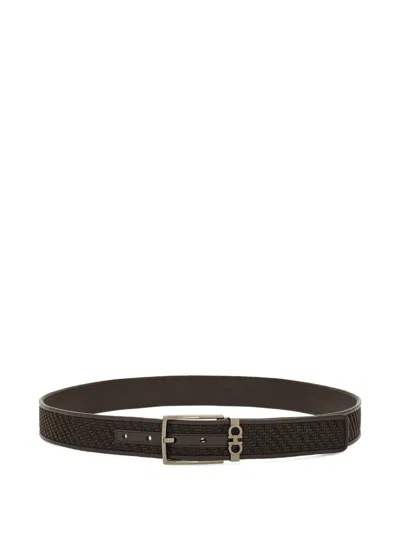 Ferragamo Leather Belt With Square Buckle And Textured Design In Brown