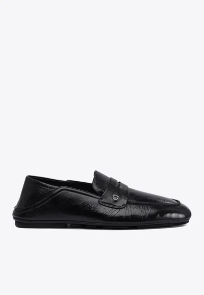 Ferragamo Wrinkled Leather Penny Loafers In Black