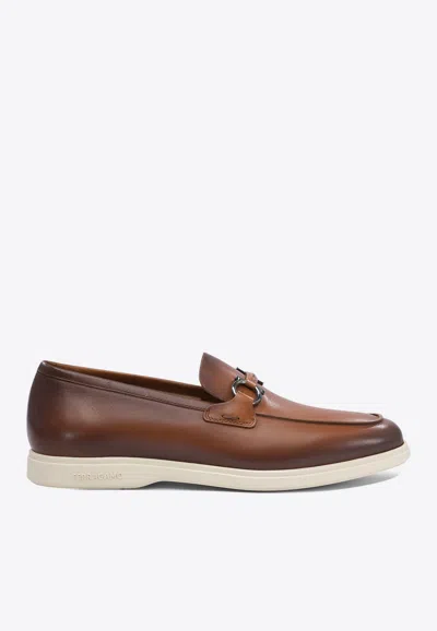 Ferragamo Wrinkled Leather Penny Loafers In Brown
