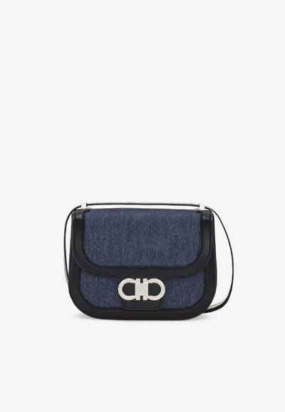 Ferragamo Xs Double Gancini Denim Crossbody Bag In Blue