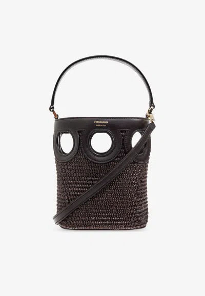 Ferragamo Xs Gancini Raffia Bucket Bag In Brown