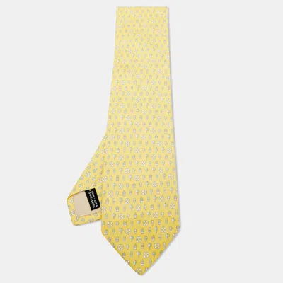 Pre-owned Ferragamo Yellow Beach Theme Print Silk Tie