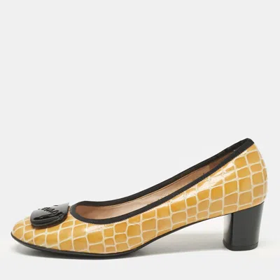 Pre-owned Ferragamo Yellow Croc Embossed Patent Leather Pumps Size 38.5