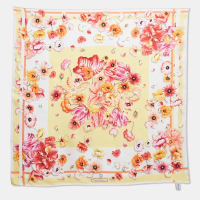 Pre-owned Ferragamo Yellow Floral Print Silk Scarf